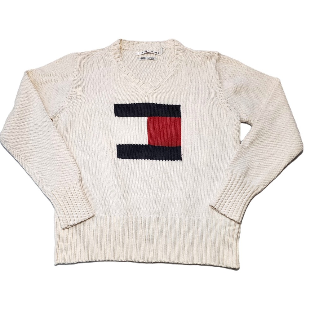 Vtg Tommy Hilfiger Knit  Flag Sweater  Block Logo Size XL